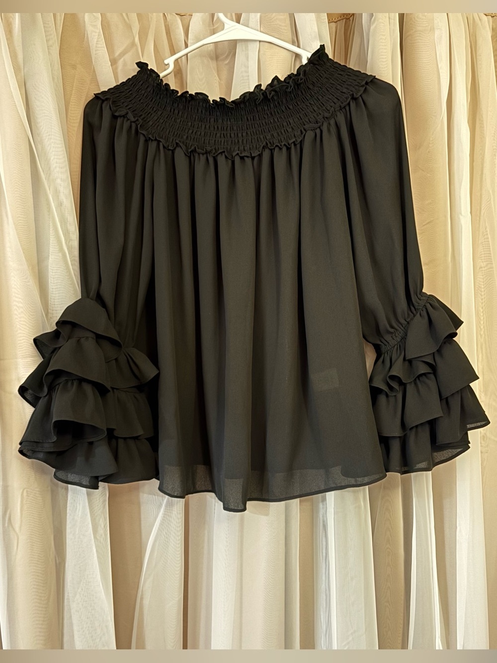 CeCe Size XS Black Off-Shoulder Ruffle Sleeve Blouse Sheer